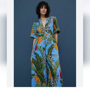 Tropical Print Wide Leg Jumpsuit - Blue Multi